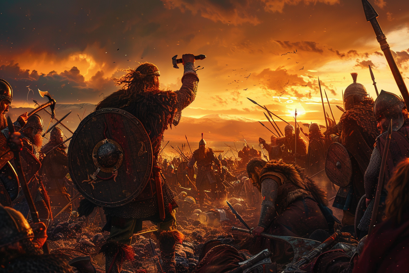 Depict the aftermath of the Battle of Fýrisvellir, with King Eric the Victorious and his men celebrating their victory. Show exhausted but triumphant warriors raising their weapons, with the battlefield and setting sun in the background symbolizing the end of a fierce conflict
