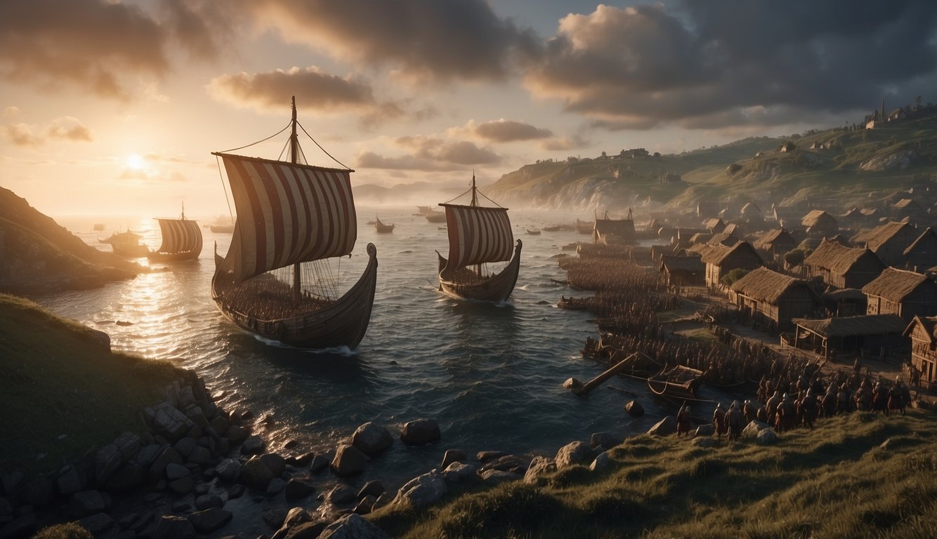 Viking longships approach a coastal village at dawn, using stealth and surprise tactics to launch a raid. The village is caught off guard as the Vikings quickly overwhelm the defenses