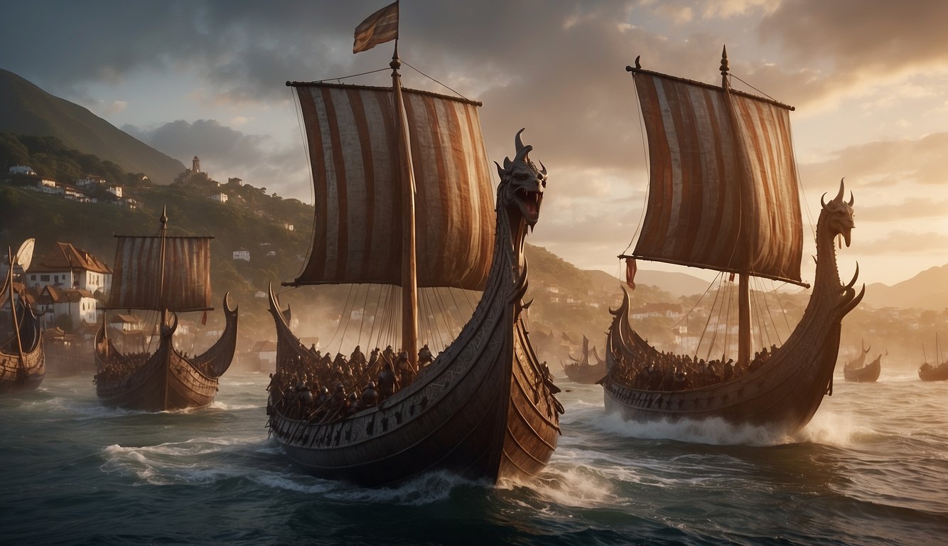 Viking longships approach a coastal village at dawn, their dragon-headed prows looming ominously. Smoke rises from burning buildings as warriors storm ashore, wielding axes and shields, ready to plunder and conquer