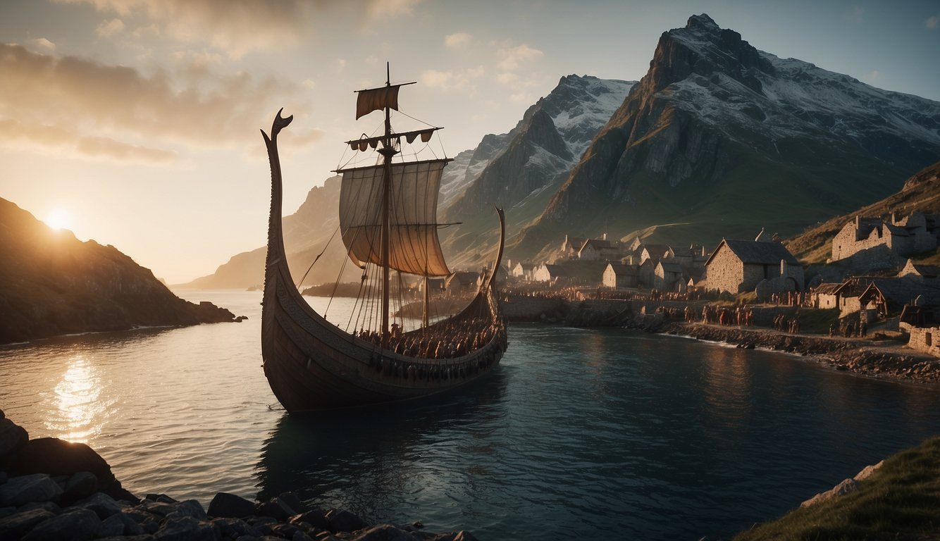 Viking longships approach a coastal village at dawn, their dragon-headed prows striking fear in the hearts of the inhabitants. The raiders quickly land and begin their ruthless plunder, using surprise and siege tactics to dominate the settlement