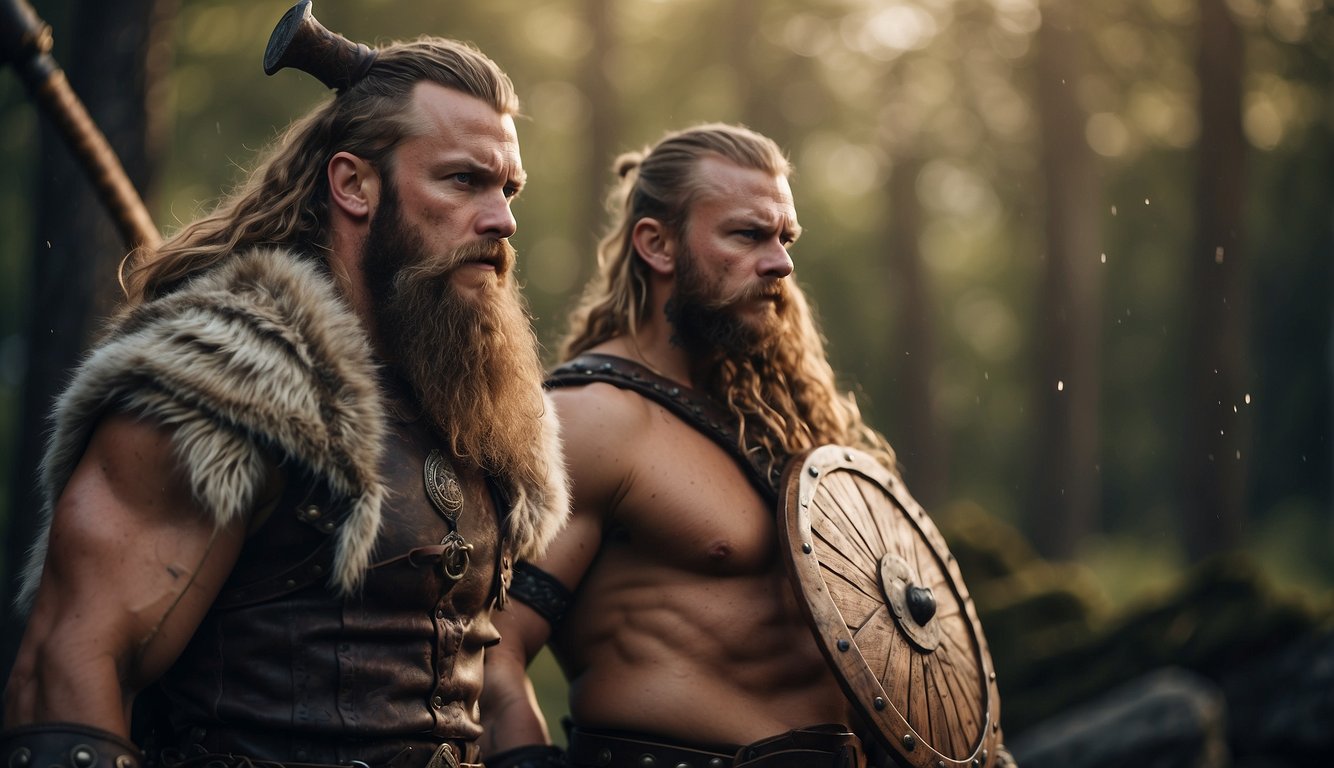 A Viking berserker transforms into a ferocious warrior, eyes wild and muscles bulging, ready for battle