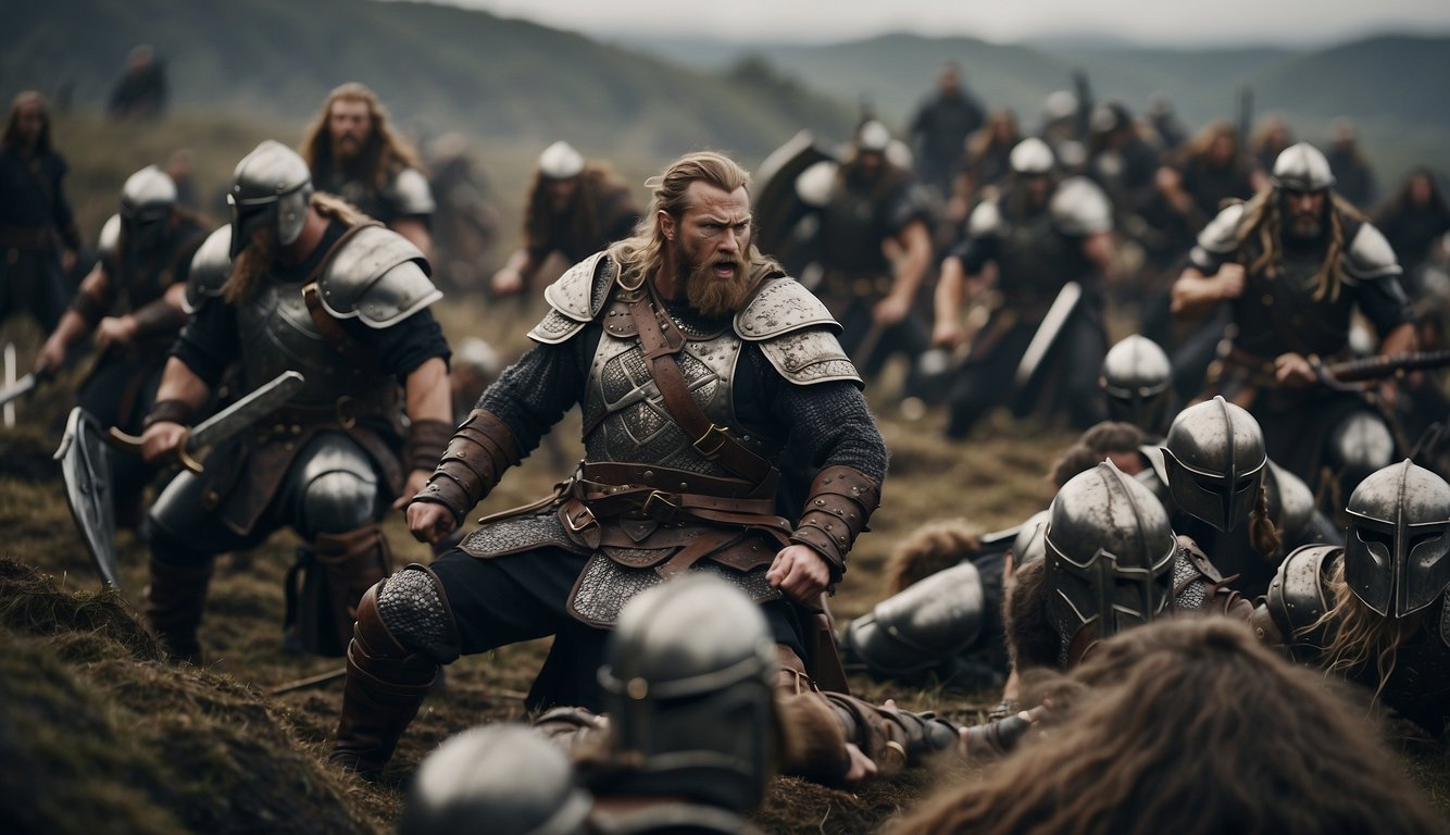 A chaotic battlefield with fallen weapons and armor, surrounded by the bodies of fallen Viking berserkers, their fierce and frenzied fighting ultimately leading to their high mortality in battle
