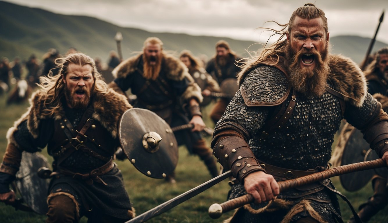 Viking berserkers charge into battle, their wild and fearless demeanor evident as they face overwhelming odds and high mortality rates
