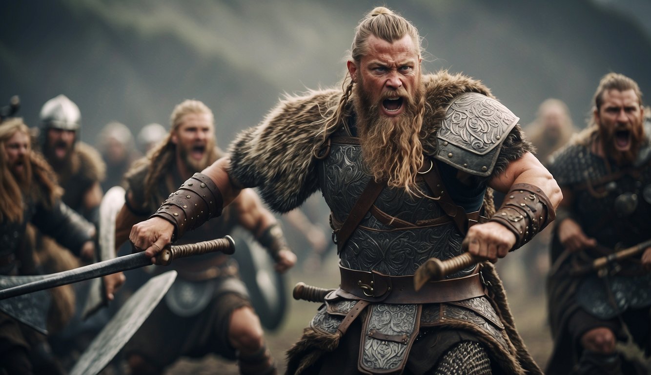 Viking berserkers charging into battle with ferocious intensity, wielding axes and shields, surrounded by the chaos and violence of the battlefield