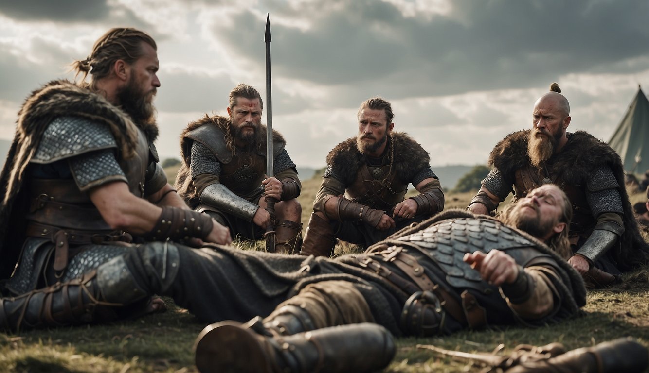 Viking warriors lay wounded on the battlefield, their injuries in need of medical attention. Infection threatens as the scene unfolds
