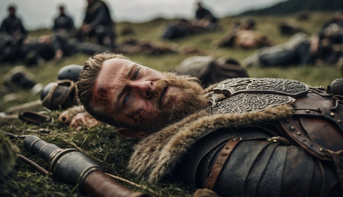 A Viking warrior lies wounded on a battlefield, surrounded by discarded weapons and armor. A medical kit and herbs are nearby, indicating attempts at wound care