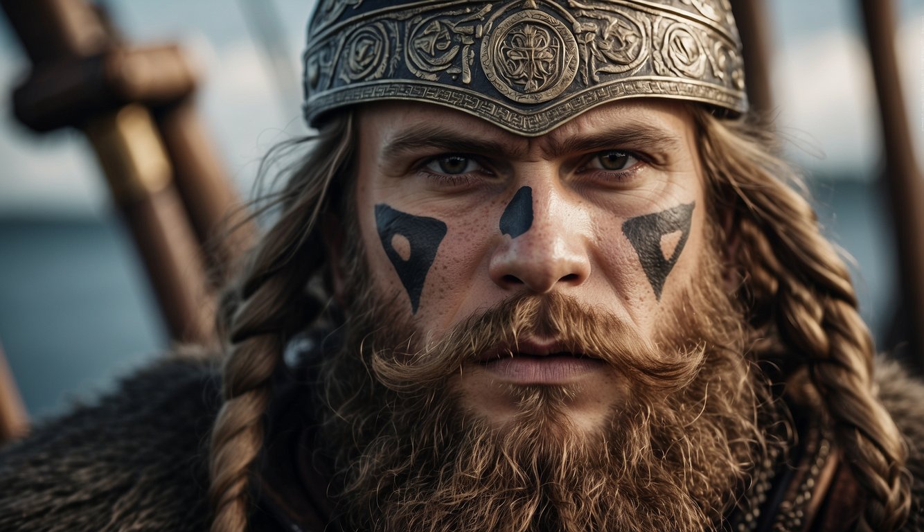 A Viking warrior with war paint on his face, wielding a battle axe, stands before a ship adorned with intricate symbols representing strength and protection