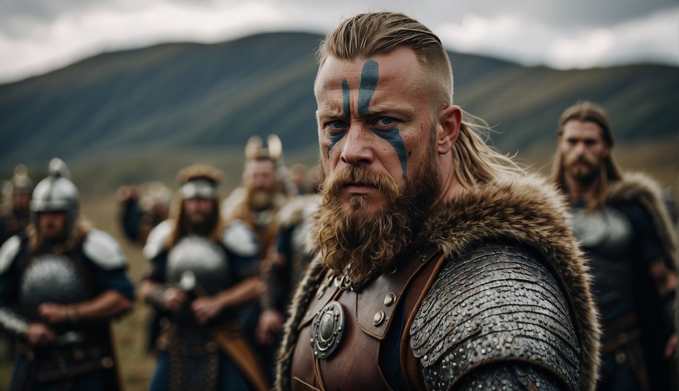 A Viking warrior with fierce facial markings stands ready for battle, exuding intimidation and psychological warfare with their war paint
