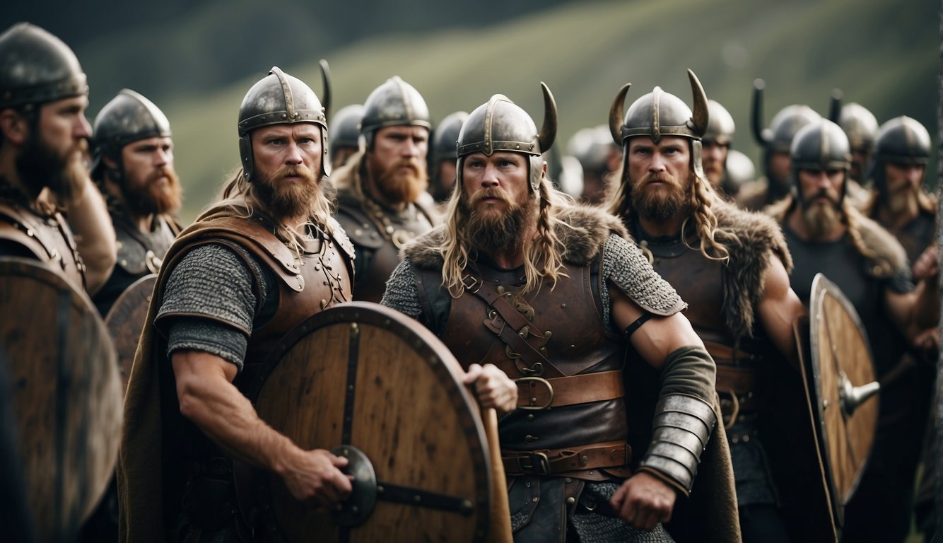 Vikings form shield wall, raise horns for attack, use hand signals for commands in battle