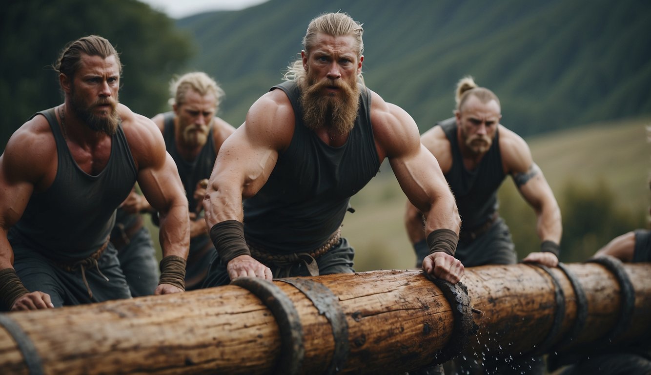 Vikings engage in intense physical challenges, pushing their bodies to build mental strength. Sweat drips as they lift heavy logs and sprint through rugged terrain
