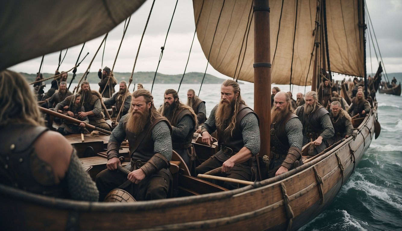 Vikings sailing on longships, wielding swords and shields, raiding coastal villages, and trading goods with other civilizations