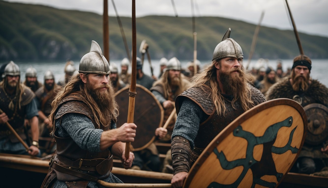 Vikings sailing on longships, wielding axes and shields in battle, raiding coastal villages, and trading goods with other tribes