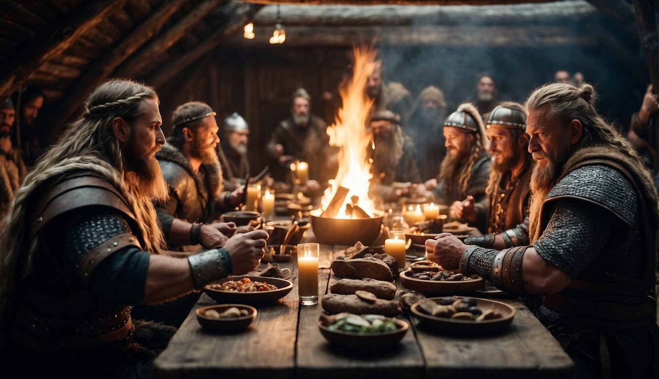 A Viking longhouse with a roaring fire, weapons on display, and a group of warriors gathered around a table sharing stories and feasting
