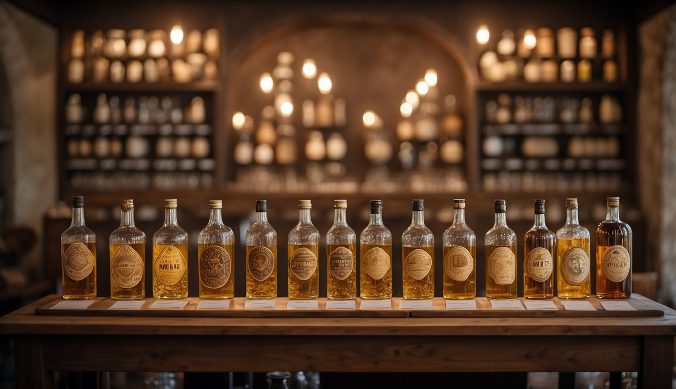 A table displays an array of mead varieties, each labeled with intricate designs. Viking artifacts adorn the room, evoking a sense of ancient strength and glory