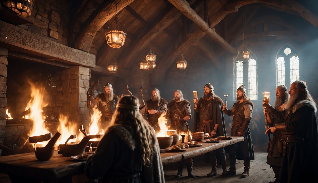 A grand hall filled with Vikings, raising their drinking horns in a toast to the gods, their faces illuminated by the warm glow of a crackling fire
