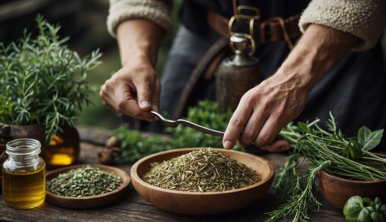 Vikings use herbs and natural remedies for healing. Illustrate a Viking using plants and traditional techniques to treat injuries