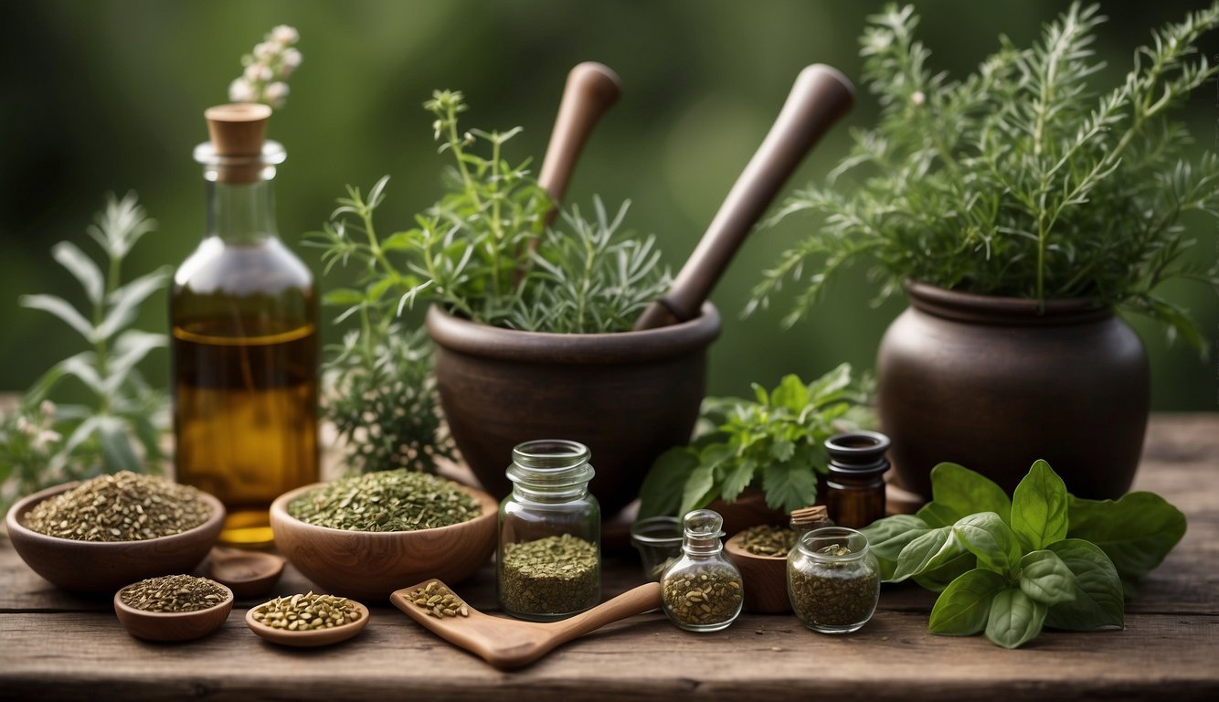 Viking herbal remedies: a collection of plants and tools for healing, including mortar and pestle, herbs, and ancient texts on natural medicine