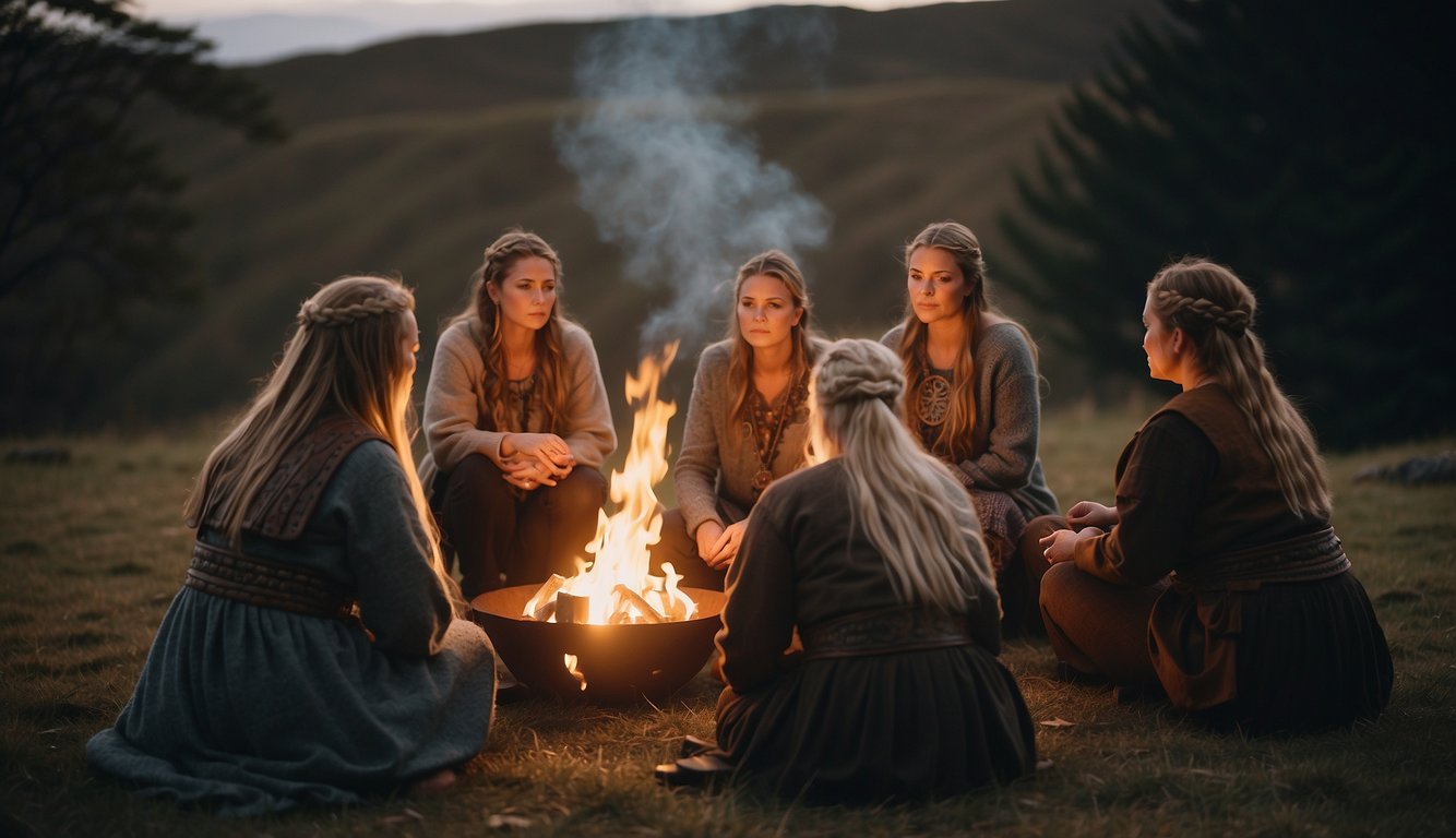 A group of Viking women gather around a sacred fire, chanting and performing healing rituals. Symbols of nature and spirituality adorn the space
