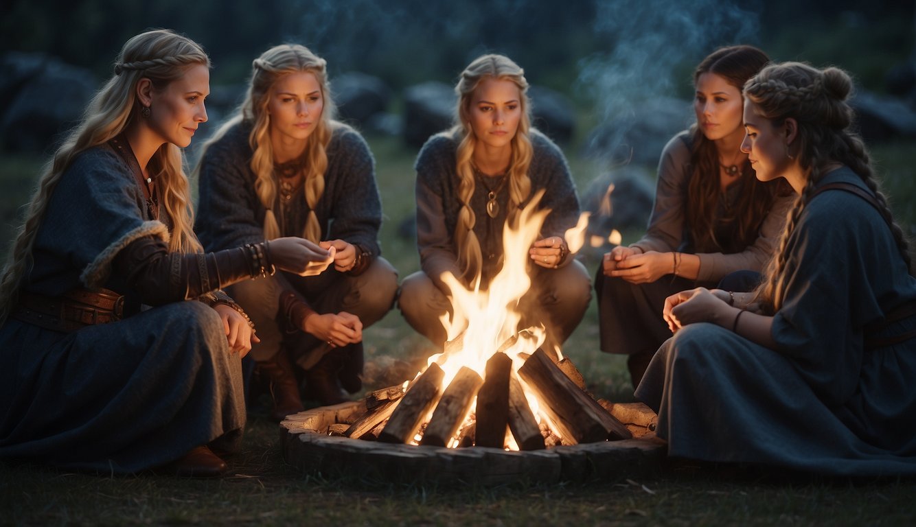 A group of Viking women gather around a sacred fire, holding ancient artifacts and symbols of power, as they engage in spiritual and healing practices