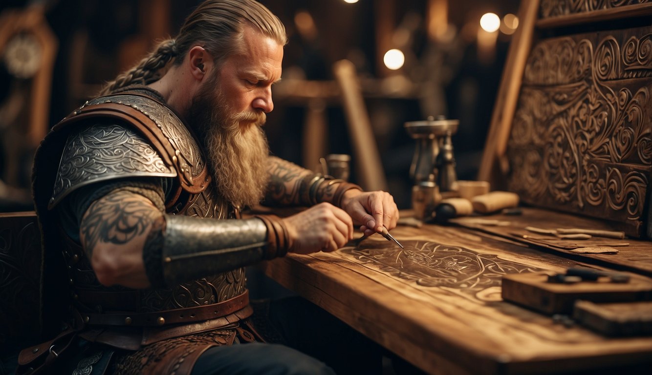 A Viking warrior sits on a wooden chair, while a skilled artist uses a bone needle and ink to create intricate designs on the warrior's leather armor