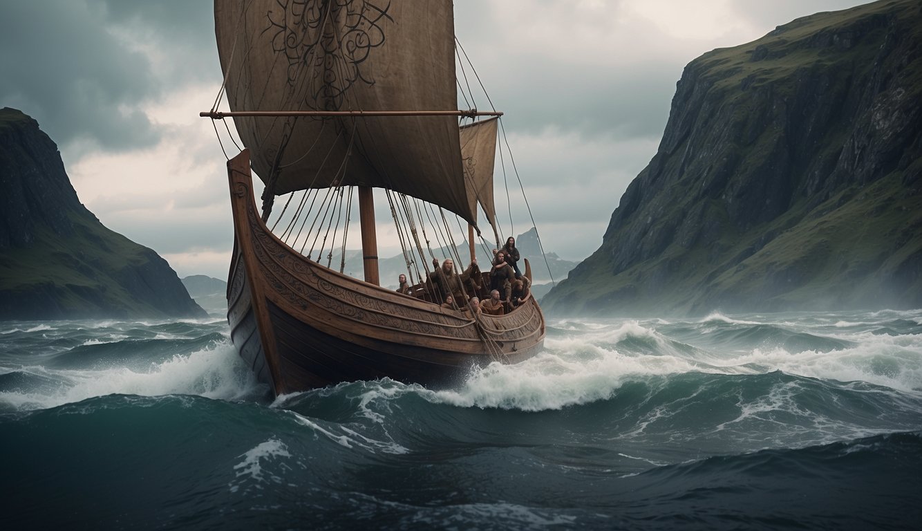 A Viking ship sailing through rough waters with intricate runes and symbols adorning its mast and hull