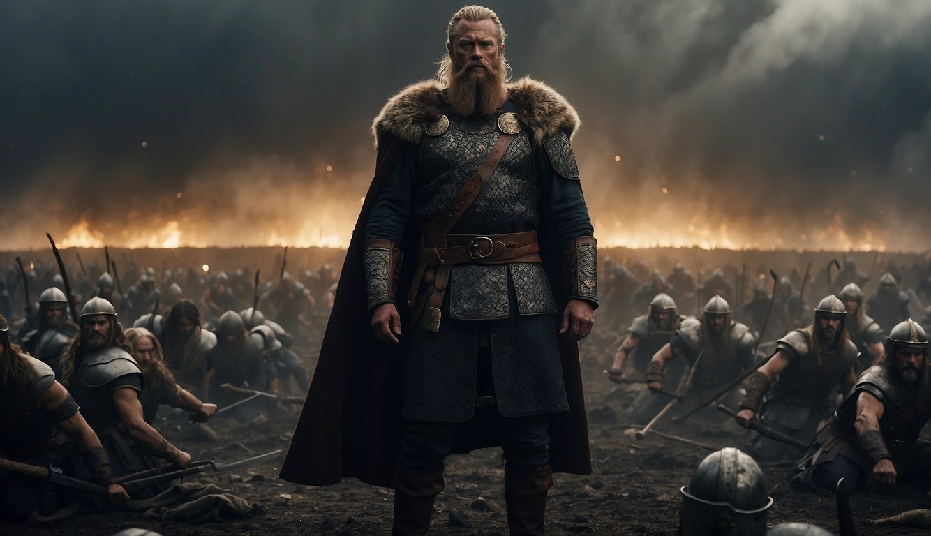 A lone Viking king stands defiantly on a blood-soaked battlefield, surrounded by fallen warriors and enemy soldiers. The sky is dark and ominous, setting the stage for a dramatic last stand