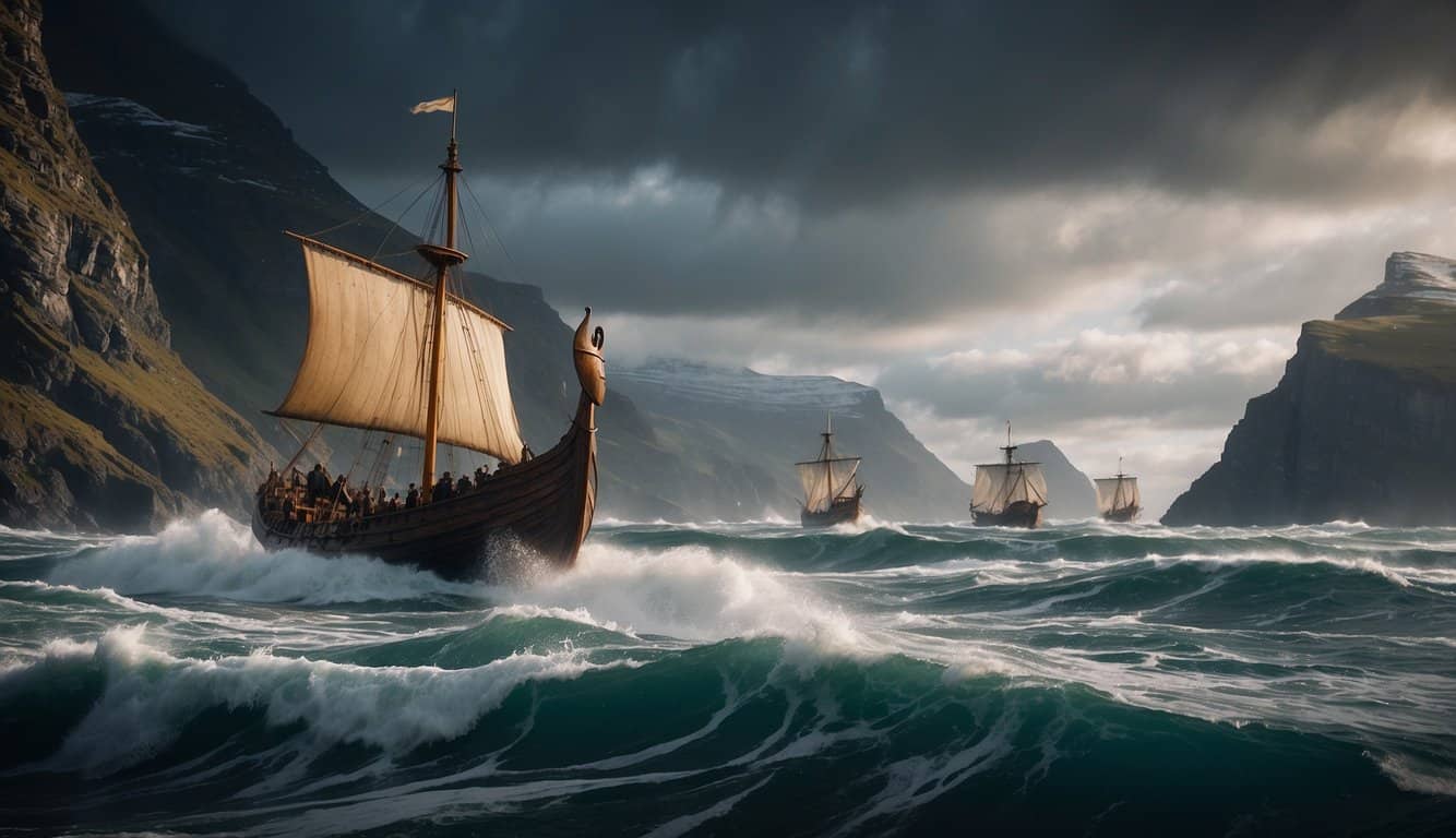 Two Viking ships sail side by side on a stormy sea, their sails billowing in the wind. The rugged coastline and towering cliffs loom in the background, setting the scene for the legendary bond of Gísli Súrsson and V