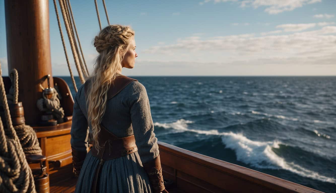 Gudrid Thorbjarnardóttir stands on the bow of her ship, gazing out at the vast ocean before her. The wind whips through her hair as she sets sail for America, determined to make history as a Viking woman