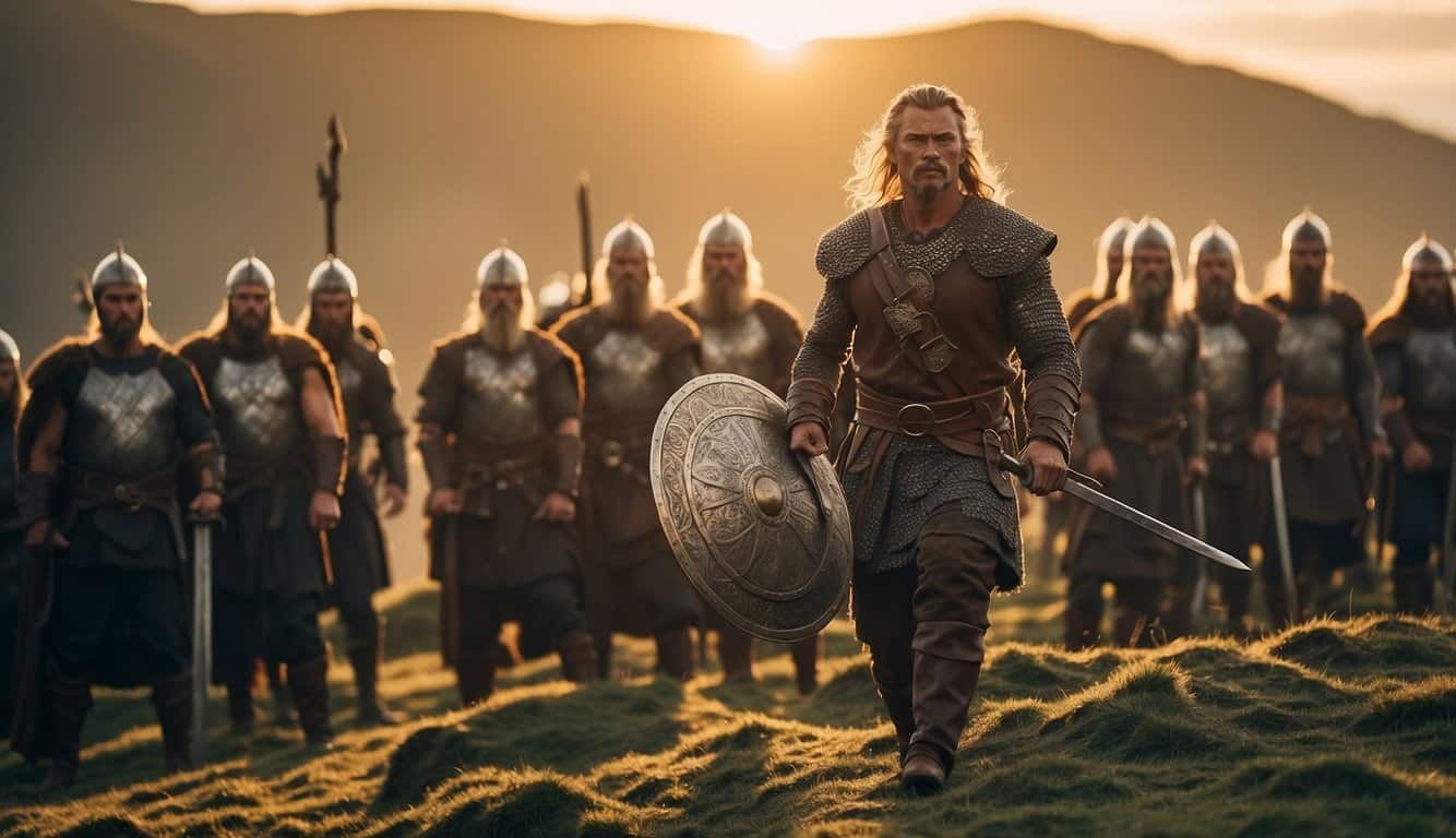 A young Horik I trains with a sword, surrounded by fellow Vikings. The sun rises over a Viking village, signaling the beginning of his journey to power