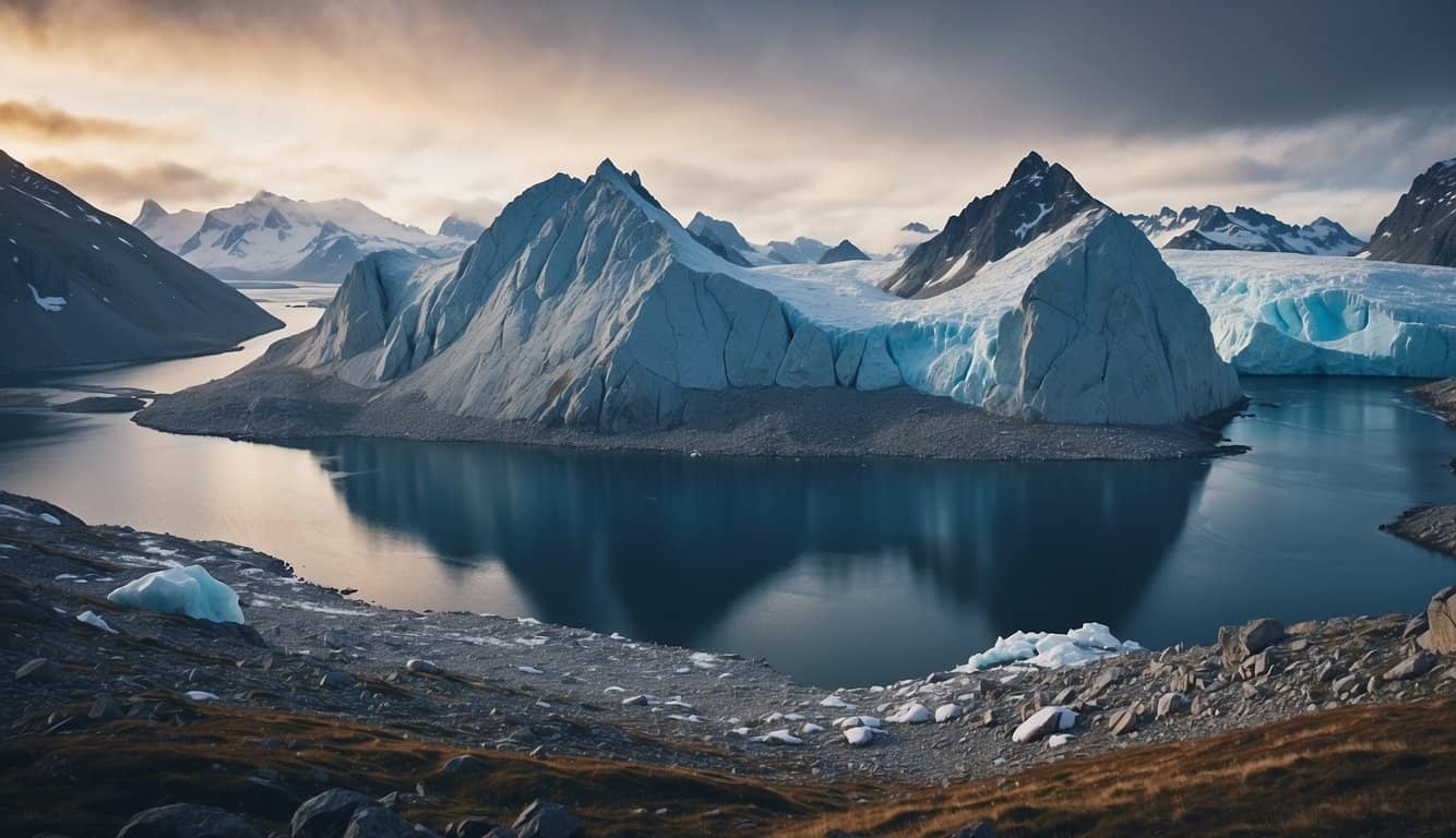 A vast and icy landscape with rugged mountains and glaciers, surrounded by a cold and unforgiving sea. The harsh environment reflects the challenging conditions that led Viking Erik the Red to ironically name the land "Greenland."