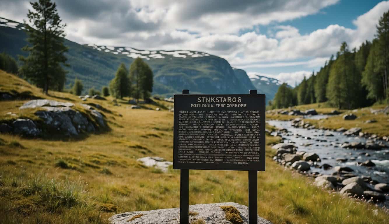 A modern landscape with a historical marker at Stiklestad, Norway. The marker commemorates the 1030 battle that shaped the country's future