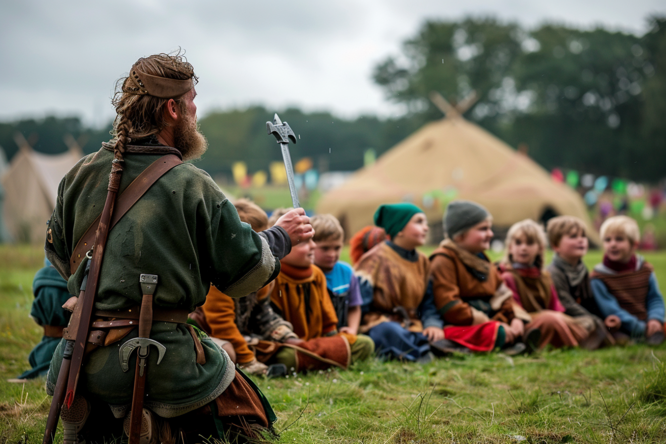 a group of children aged 9 sitting in a large circle with a viking man standing in the middle showing them how to use a sword with a viking village in the background