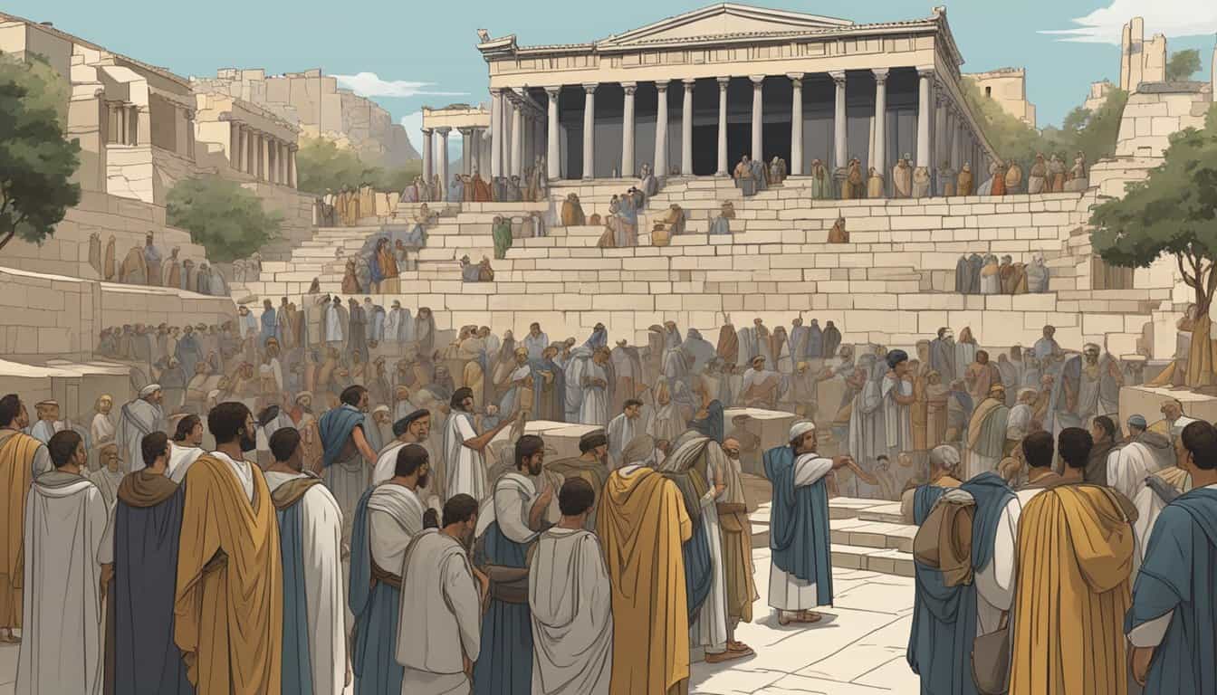 Citizens gather in ancient Athens, discussing Cleisthenes' reforms. The agora bustles with debate, as the city's democratic legacy takes shape