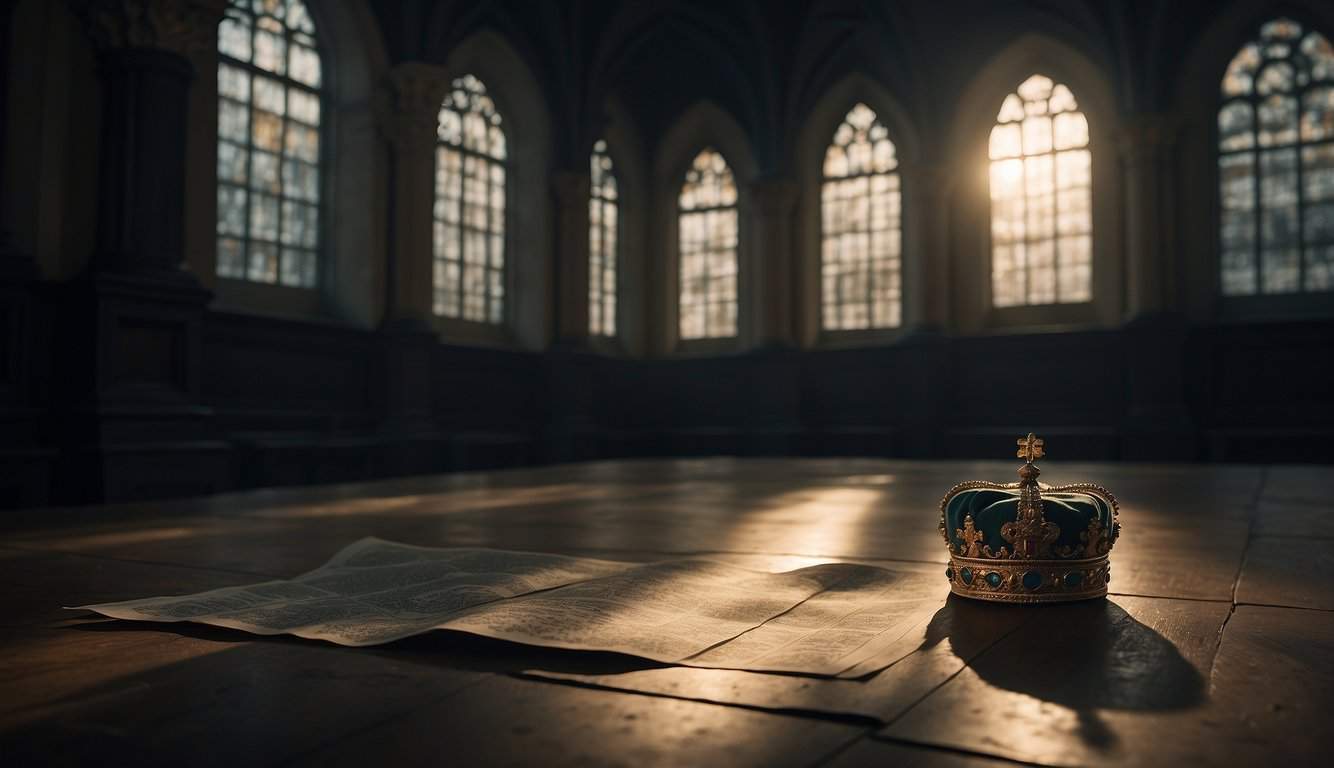 In a dimly lit chamber, a crown lies discarded on the floor as a figure gazes out through barred windows, a map of England spread out before them
