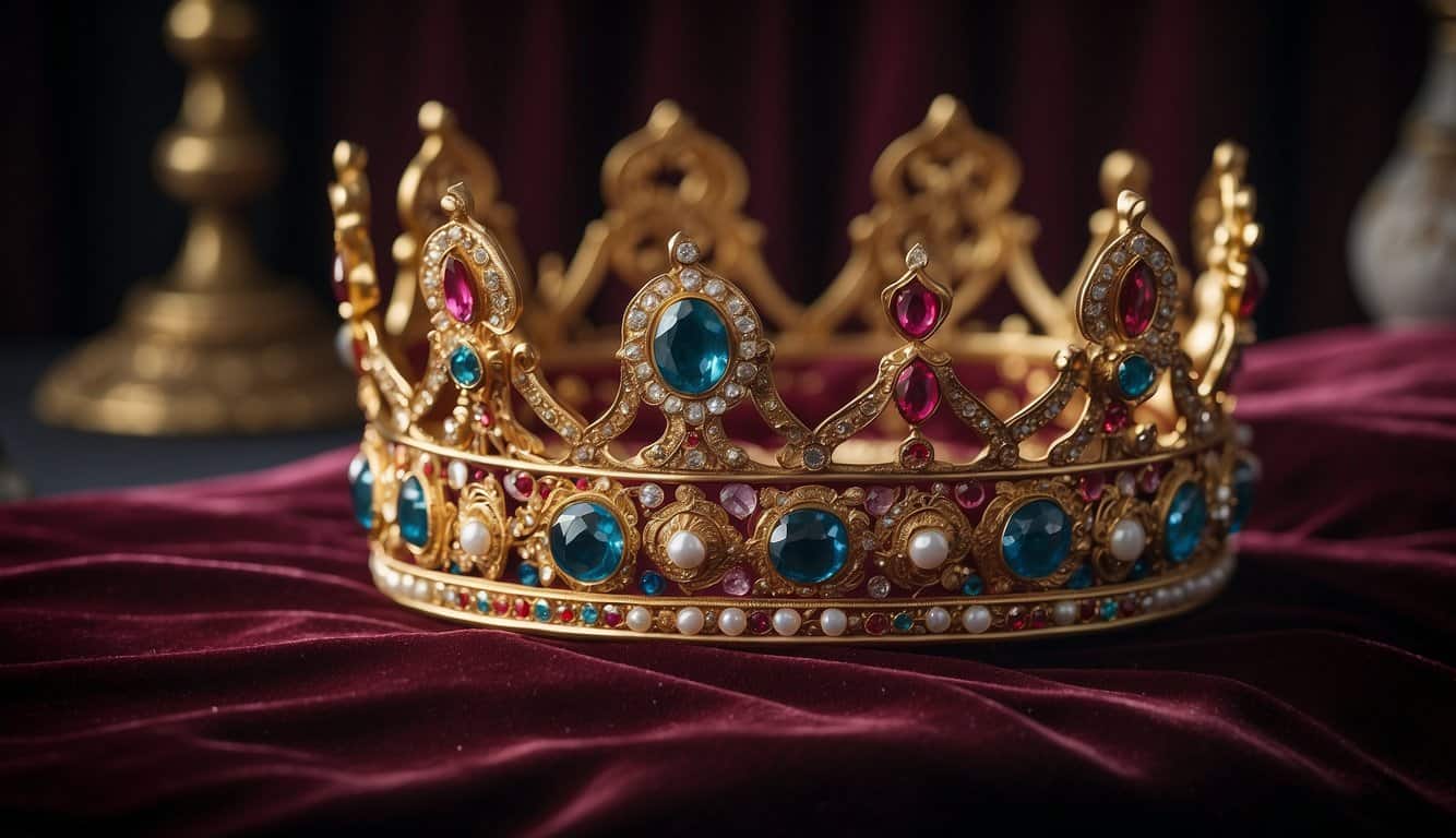 A regal crown, adorned with jewels, sits atop a velvet cushion. A sword, ornately decorated, is crossed with a scepter, symbolizing the power struggle of the Wars of the Roses