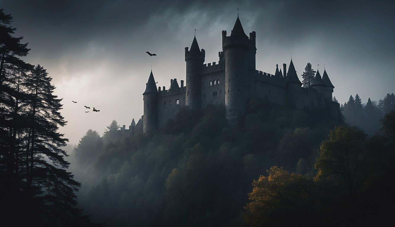 A dark, imposing castle overlooks a misty forest. Bats swarm around the turrets as a figure in a long cloak stands ominously in the shadows