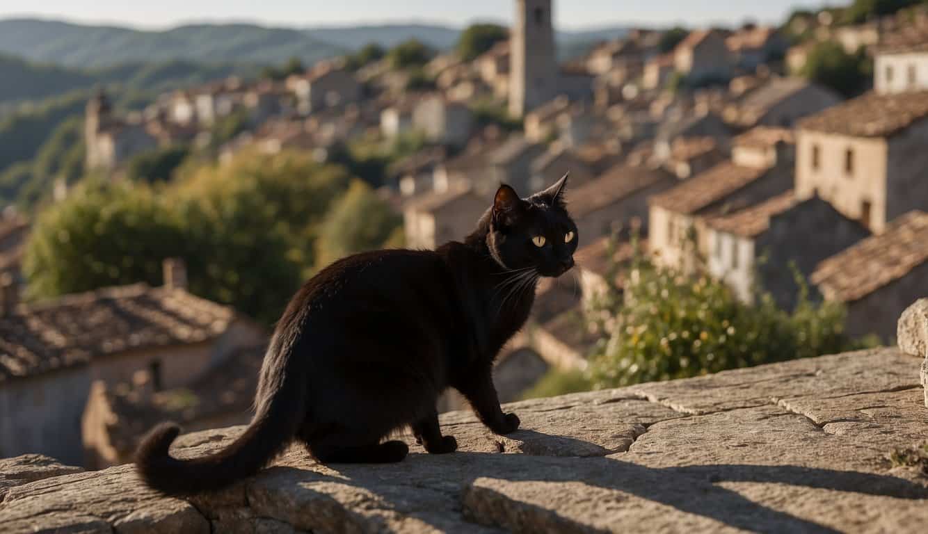 A black cat sits atop a medieval village, casting a shadow over the town. People hurry past, fearful of the curse it brings