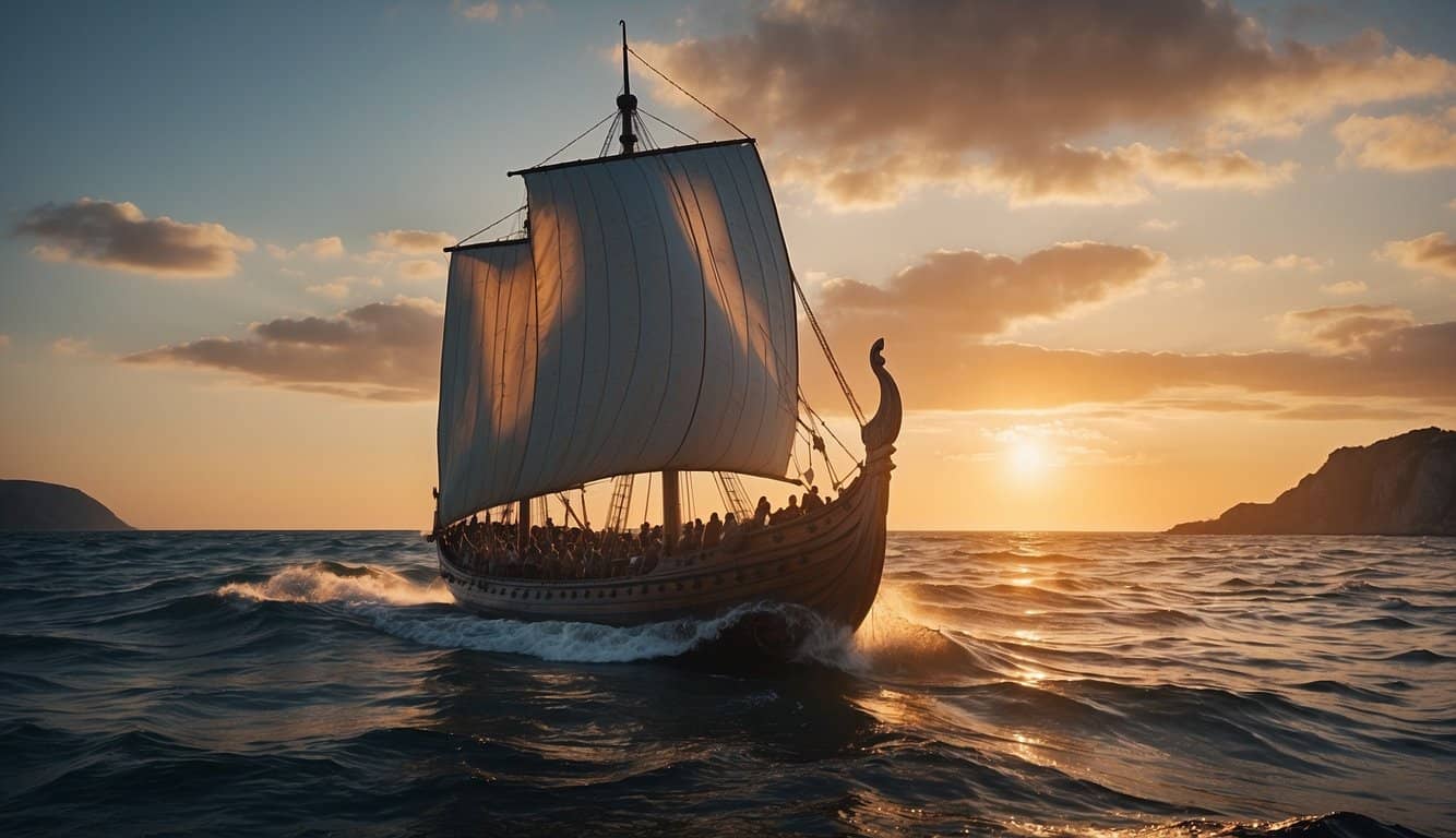 A Viking ship sails westward, guided by a large crystal set in a wooden frame, as the sun sets on the horizon
