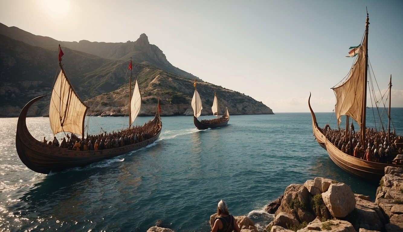 Viking longships approach the shores of Sicily, with warriors preparing to raid the Mediterranean coast. The ships are adorned with intricate carvings and fierce dragon heads, reflecting the fearsome reputation of the Viking expeditions