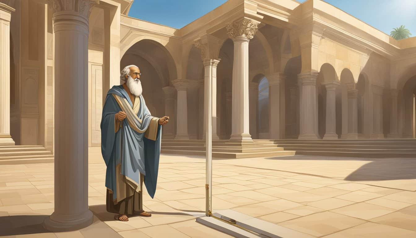 Eratosthenes stands in Alexandria, using a stick to measure the angle of the sun's shadow at noon. He calculates the Earth's circumference using simple geometry and trigonometry