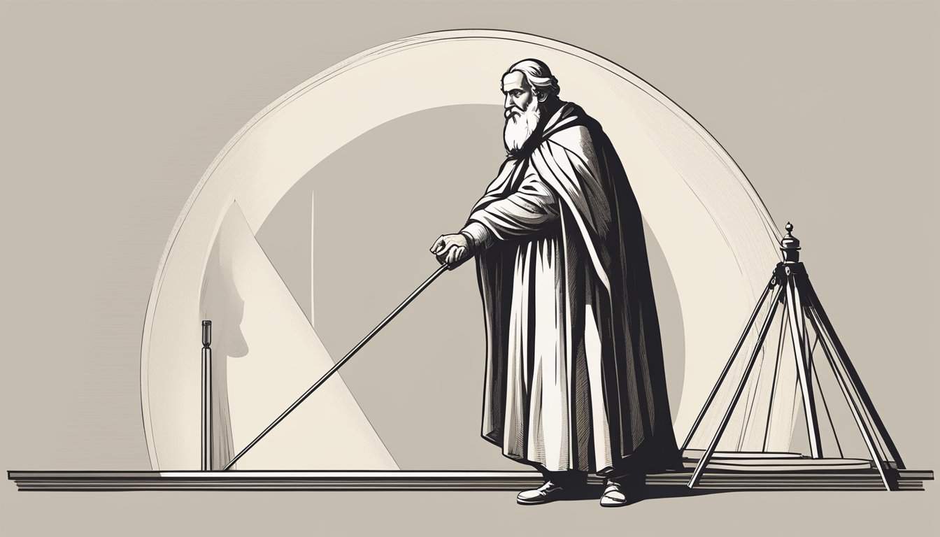 Eratosthenes stands before a tall, vertical stick casting a shadow. He measures the angle of the shadow with a protractor, calculating the Earth's circumference