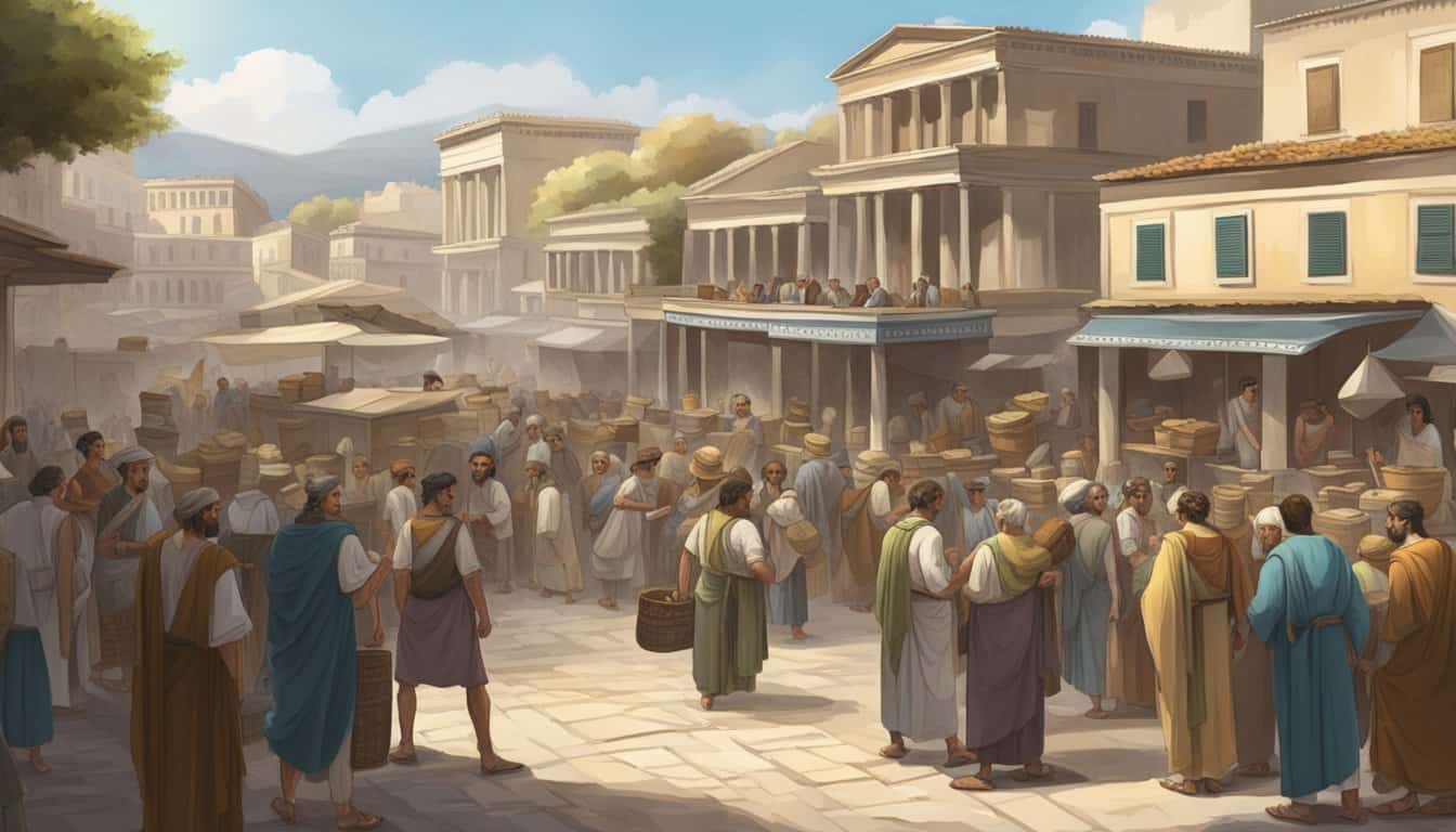 A bustling marketplace in ancient Athens, with citizens discussing politics and casting their votes in a newly established democratic system