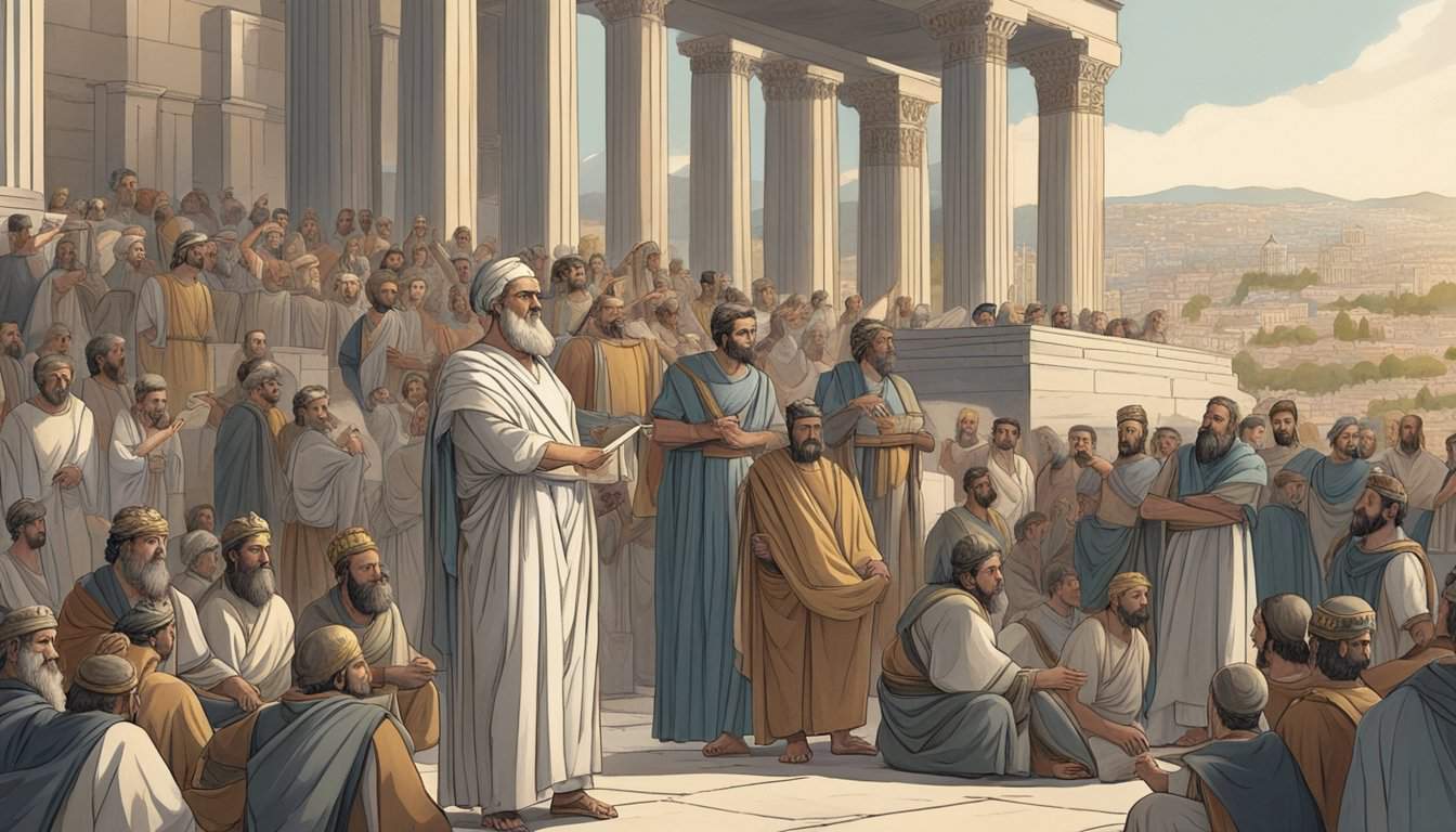 Cleisthenes stands before a crowd, holding a scroll with a new law. Citizens gather around, listening intently as he gestures towards the city of Athens