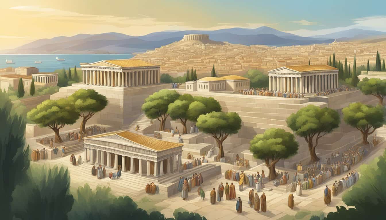 Cleisthenes' reforms: bustling ancient Athens, new democratic institutions, citizens participating in government, vibrant cityscape, symbolic olive tree